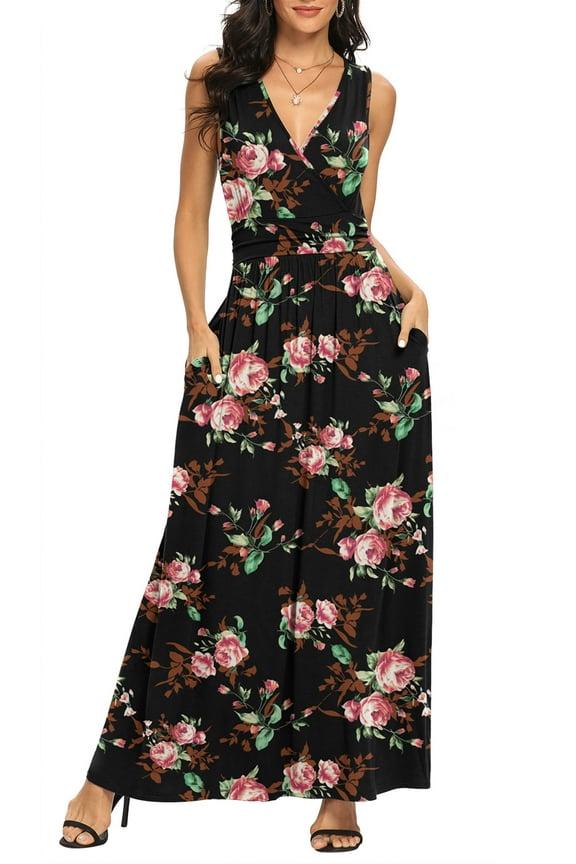 Women Sleeveless Deep V Neck Loose Plain Long Maxi Casual Dress,US Size,L,Flower Rose Black