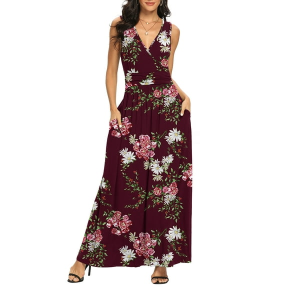 Asklazy Women Sleeveless Deep V Neck Loose Plain Long Maxi Casual Dress,US Size,L,Flower Wine Red