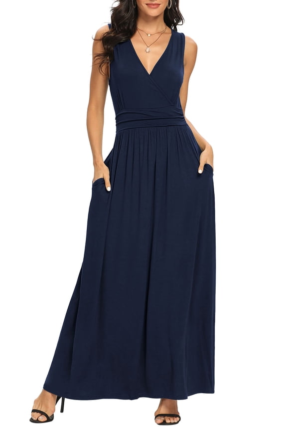 Women Sleeveless Deep V Neck Loose Plain Long Maxi Casual Dress,US Size,L,Navy Blue