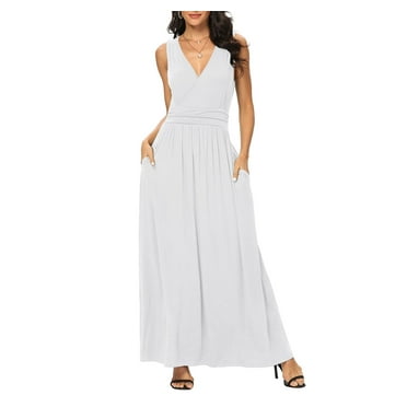 Asklazy Women Sleeveless Deep V Neck Loose Plain Long Maxi Casual Dress,US Size,L,White