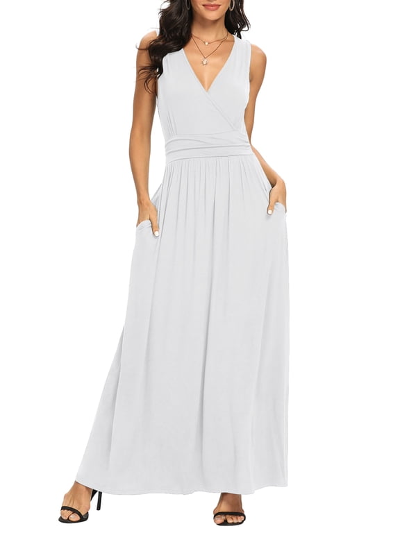 Women Sleeveless Deep V Neck Loose Plain Long Maxi Casual Dress,Mother's Day,L,White