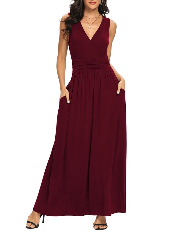 Women Sleeveless Deep V Neck Loose Plain Long Maxi Casual Dress,Mother's Day,L,Wine Red