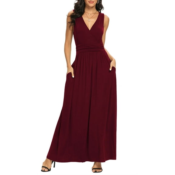 Asklazy Women Sleeveless Deep V Neck Loose Plain Long Maxi Casual Dress,US Size,Wine Red(S-3XL)