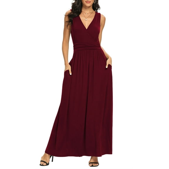 Asklazy Women Sleeveless Deep V Neck Loose Plain Long Maxi Casual Dress,US Size,L,Wine Red