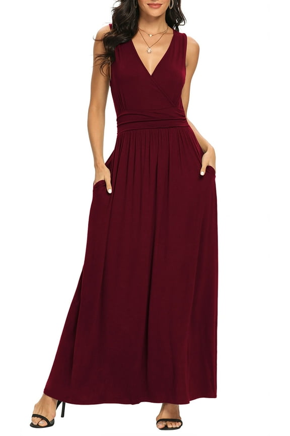 Women Sleeveless Deep V Neck Loose Plain Long Maxi Casual Dress,US Size,L,Wine Red