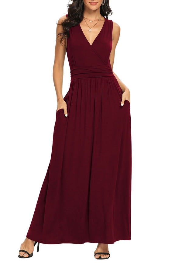 Women Sleeveless Deep V Neck Loose Plain Long Maxi Casual Dress,US Size,L,Wine Red