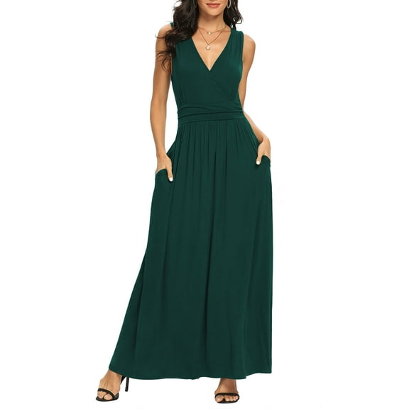 Asklazy Women Sleeveless Deep V Neck Loose Plain Long Maxi Casual Dress,US Size,M,Dark Green