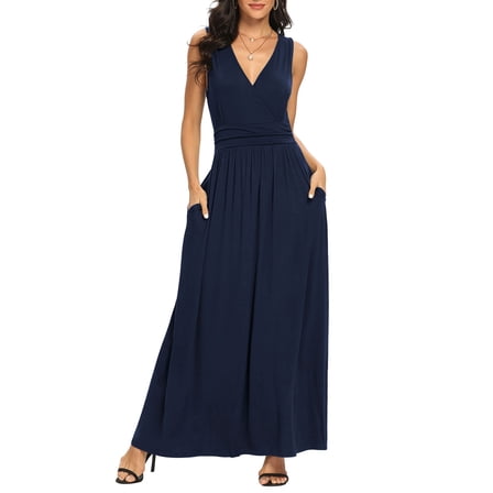 Asklazy Women Sleeveless Deep V Neck Loose Plain Long Maxi Casual Dress,US Size,M,Navy Blue