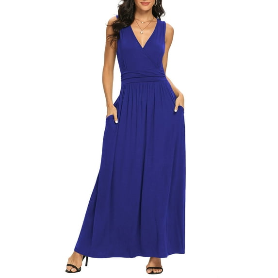 Asklazy Women Sleeveless Deep V Neck Loose Plain Long Maxi Casual Dress,US Size,M,Royal Blue
