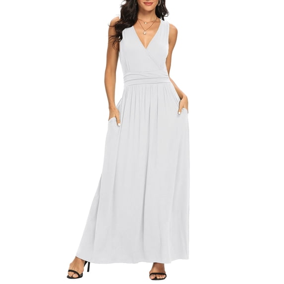 Asklazy Women Sleeveless Deep V Neck Loose Plain Long Maxi Casual Dress,Mother's Day,M,White