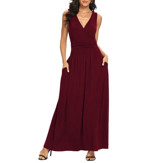 Asklazy Women Sleeveless Deep V Neck Loose Plain Long Maxi Casual Dress,Mother's Day,M,Wine Red