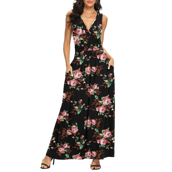 Asklazy Women Sleeveless Deep V Neck Loose Plain Long Maxi Casual Dress,Mother's Day,S,Flower Rose Black