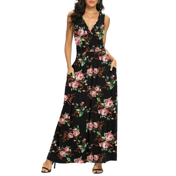 Asklazy Women Sleeveless Deep V Neck Loose Plain Long Maxi Casual Dress,US Size,S,Flower Rose Black