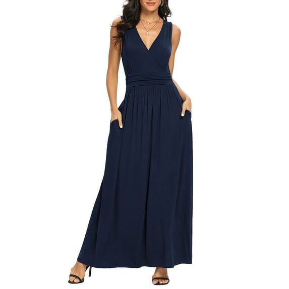 Asklazy Women Sleeveless Deep V Neck Loose Plain Long Maxi Casual Dress,US Size,S,Navy Blue