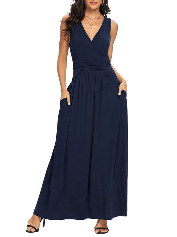 Women Sleeveless Deep V Neck Loose Plain Long Maxi Casual Dress,Mother's Day,S,Navy Blue
