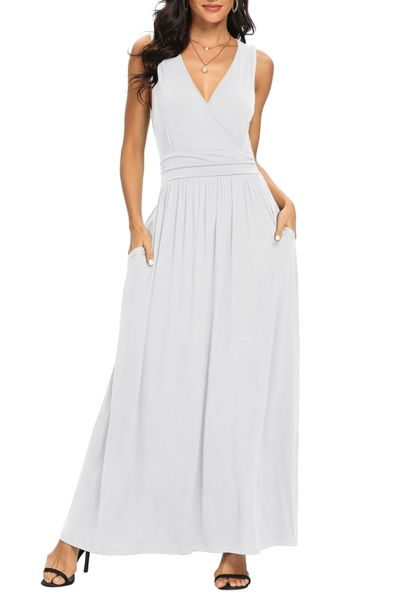 Women Sleeveless Deep V Neck Loose Plain Long Maxi Casual Dress,Mother's Day,XL,White