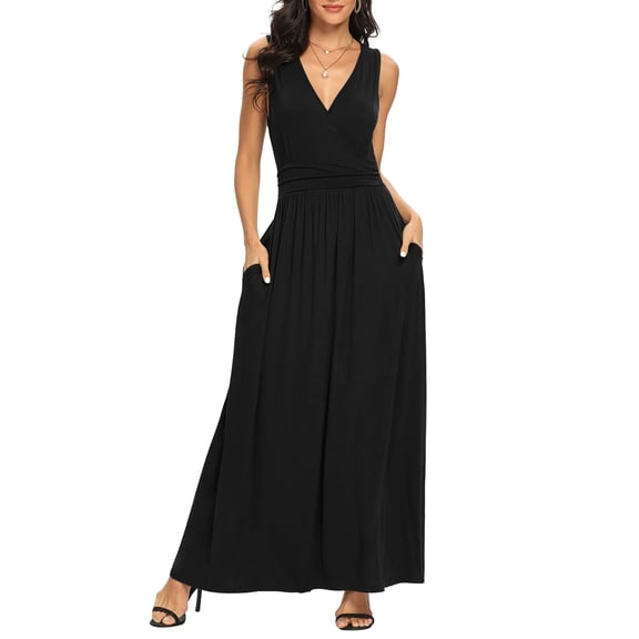 Asklazy Women Sleeveless Deep V Neck Loose Plain Long Maxi Casual Dress,Mother's Day,XXL,Black