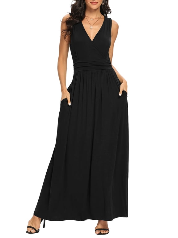 Women Sleeveless Deep V Neck Loose Plain Long Maxi Casual Dress,Mother's Day,XXL,Black