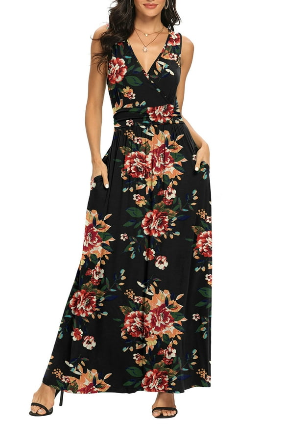 Women Sleeveless Deep V Neck Loose Plain Long Maxi Casual Dress,US Size,XXL,F Brown Floral Black