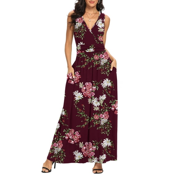 Asklazy Women Sleeveless Deep V Neck Loose Plain Long Maxi Casual Dress,Mother's Day,XXL,GARDEN FLORALS