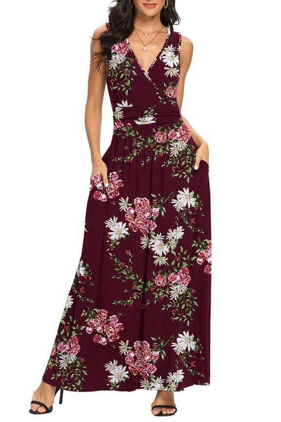 Women Sleeveless Deep V Neck Loose Plain Long Maxi Casual Dress,Mother's Day,XXL,GARDEN FLORALS