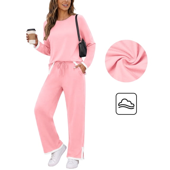 Asklazy Women's 2 Piece Outfit Short Sleeve Top and Wide Leg Pants Set with Pockets,US Size,Pink,M
