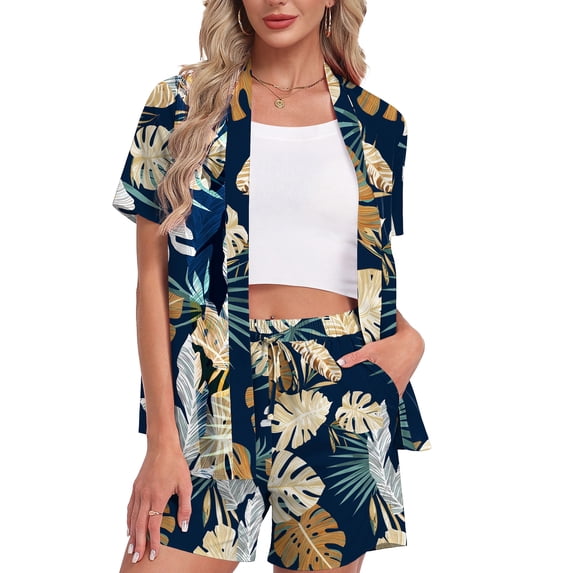 Asklazy Women's 2 piece beach Outfits Tropical Swimsuit Cover Up Kimono Beach Wear Set with Shorts Pockets,Mother‘s Day,XL
