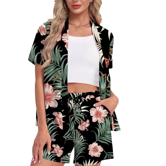 Asklazy 2 Piece Sets for Women Casual Summer Travel Vacation Outfits Short Sleeve Tops Shorts Pants Tropical Print,Mother‘s Day,XL
