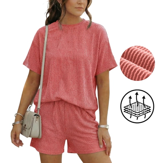 Asklazy Two Piece Sets for Women Summer Travel Vacation Outfits Pleated Short Sleeve Lounge Sets,Mother‘s Day,Orange,L