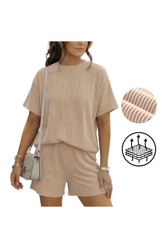 Two Piece Sets for Women Summer Travel Vacation Outfits Pleated Short Sleeve Lounge Sets,Mother‘s Day,Khaki,L