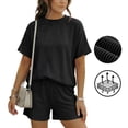 thumbnail image 1 of Asklazy Two Piece Sets for Women Summer Travel Vacation Outfits Pleated Short Sleeve Lounge Sets,Mother‘s Day,Black,L, 1 of 9