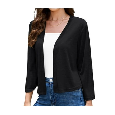 Asklazy Women's 3/4 Sleeve Shrugs Lightweight Open Front Cropped Cardigan for Women,US Size,L,Black
