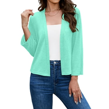 Asklazy Women's 3/4 Sleeve Shrugs Lightweight Open Front Cropped Cardigan for Women,US Size,L,Pink green