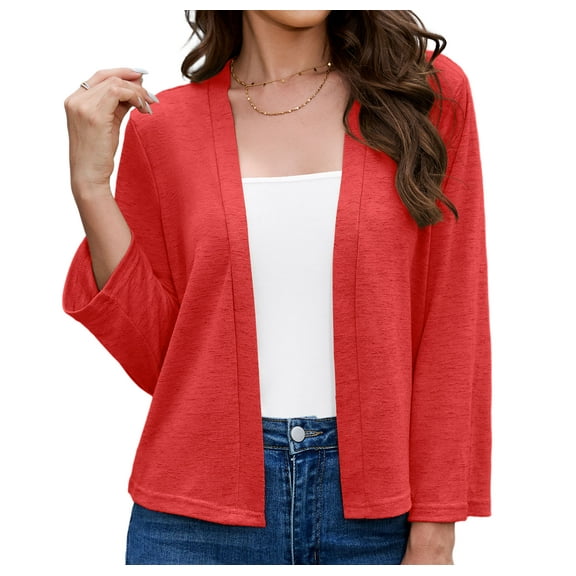 Asklazy Women's 3/4 Sleeve Shrugs Lightweight Open Front Cropped Cardigan for Women,US Size,L,Red