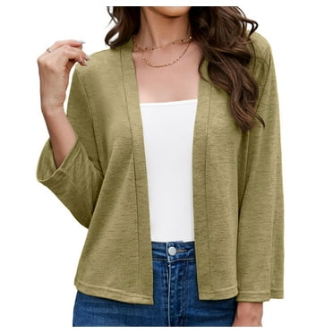 Asklazy Women's 3/4 Sleeve Shrugs Lightweight Open Front Cropped Cardigan for Women,US Size,M,Army Green
