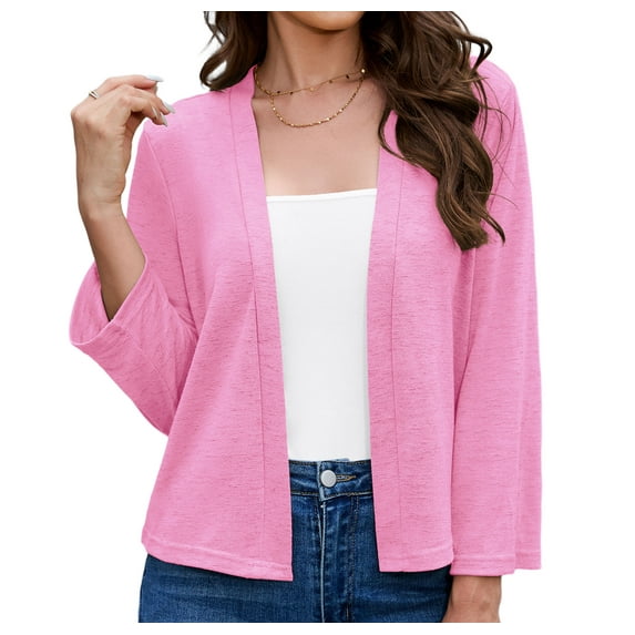 Asklazy Women's 3/4 Sleeve Shrugs Lightweight Open Front Cropped Cardigan for Women,US Size,M,Pink purple