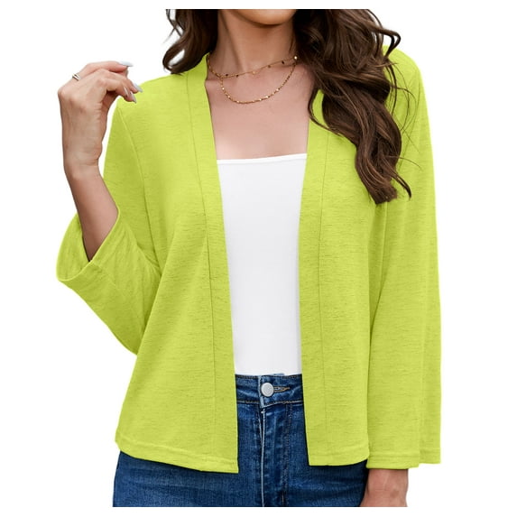 Asklazy Women's 3/4 Sleeve Shrugs Lightweight Open Front Cropped Cardigan for Women,US Size,S,Lemon green