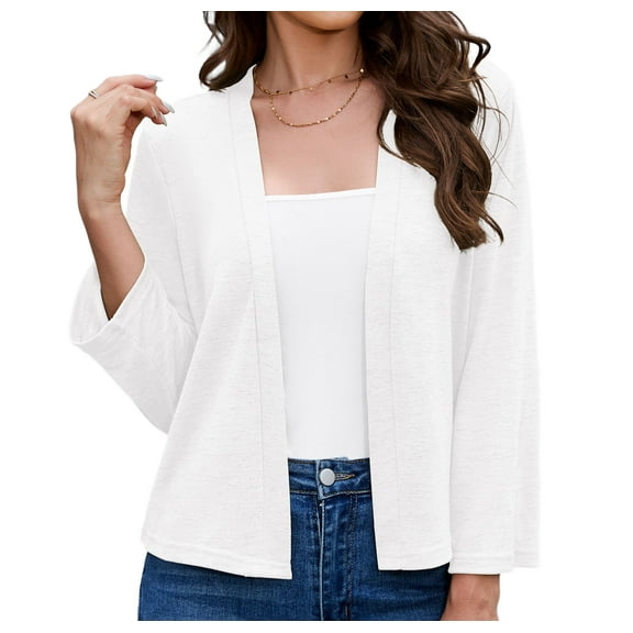Asklazy Women's 3/4 Sleeve Shrugs Lightweight Open Front Cropped Cardigan for Women,US Size,S,White