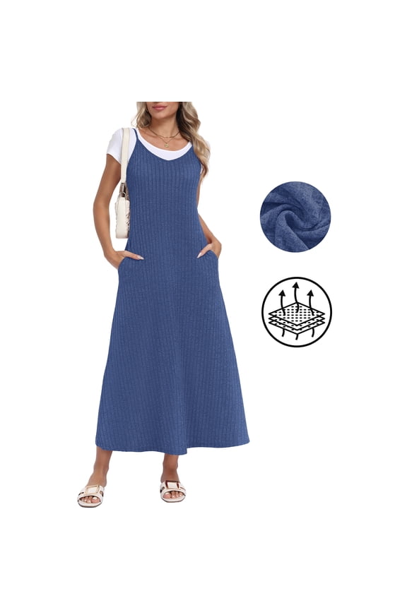 Dressy Tank Dress for Women ,V Neck Adjustable Spaghetti Strap Long Dress with Pockets,Blue,S