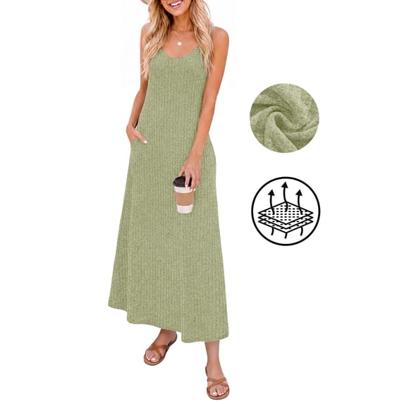 Asklazy Women's Casual Flowy Maxi Dress,V Neck Adjustable Spaghetti Strap Long Dress with Pockets,US Size,Green,S
