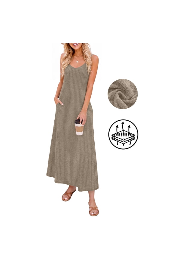 Women's Casual Flowy Maxi Dress,V Neck Adjustable Spaghetti Strap Long Dress with Pockets,US Size,Light Coffee,M