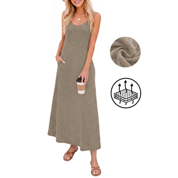 Asklazy Women's Casual Flowy Maxi Dress,V Neck Adjustable Spaghetti Strap Long Dress with Pockets,US Size,Light Coffee,M