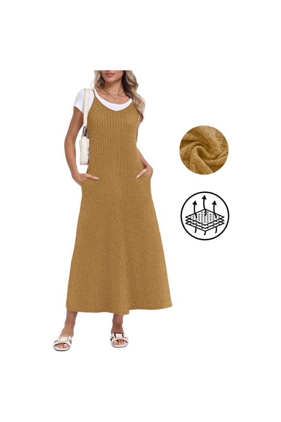Dressy Tank Dress for Women ,V Neck Adjustable Spaghetti Strap Long Dress with Pockets,Orange Yellow,L