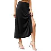 Asklazy Womens Summer Casual Elegant Elastic High Waist Side Split Summer Beach Sexy Midi Skirt for Women 2024