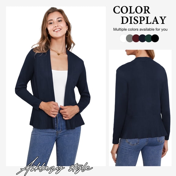 Asklazy Women's Casual Open Front Cardigan Peplum Knit Sweater,Navy Blue,L