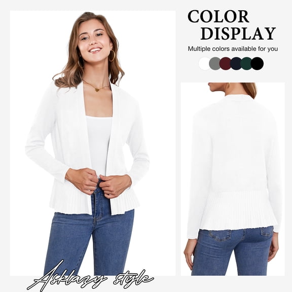 Asklazy Women's Casual Open Front Cardigan Peplum Knit Sweater,White,S