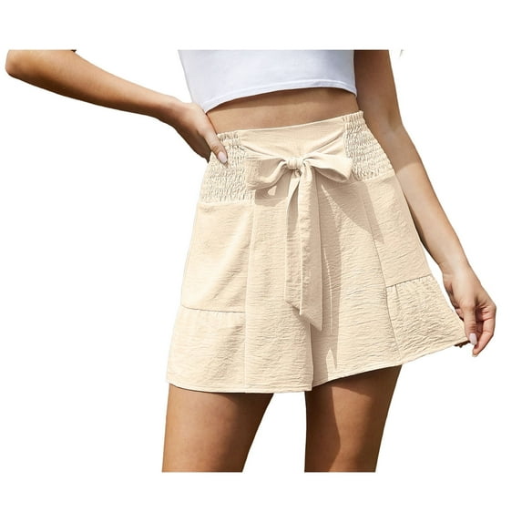 Asklazy Women's Casual Wide Leg Shorts Without Pockets High Waisted Tie Knot Ruffle Summer Shorts ,US Size,ApricotXL
