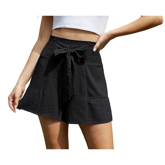 Asklazy Women's Casual Wide Leg Shorts Without Pockets High Waisted Tie Knot Ruffle Summer Shorts ,US Size,BlackXL