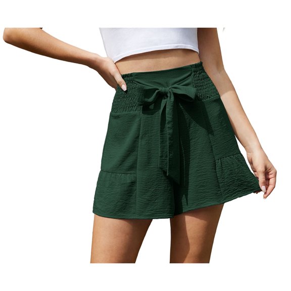 Asklazy Women's Casual Wide Leg Shorts Without Pockets High Waisted Tie Knot Ruffle Summer Shorts ,US Size,Dark GreenÂŒM