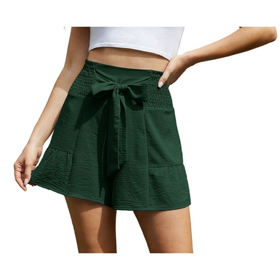 Asklazy Women's Casual Wide Leg Shorts Without Pockets High Waisted Tie Knot Ruffle Summer Shorts ,US Size,Dark GreenXXL